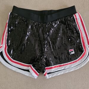 Fila Black Sequin Athletic Shorts with Pink and White Trim